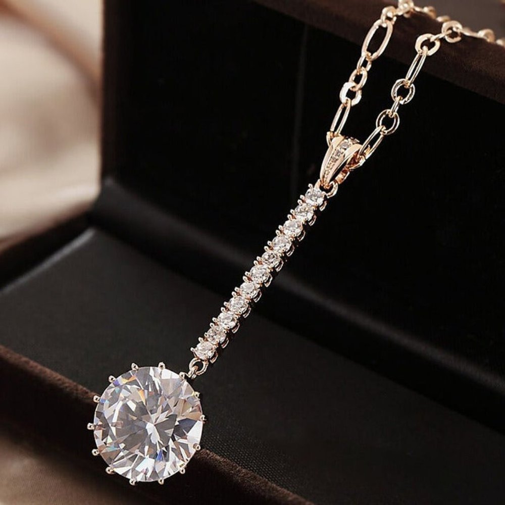2ct Hanging Diamond Womens Necklace Solitaire Stud Long 2 ct 18K Gold 18" Chain